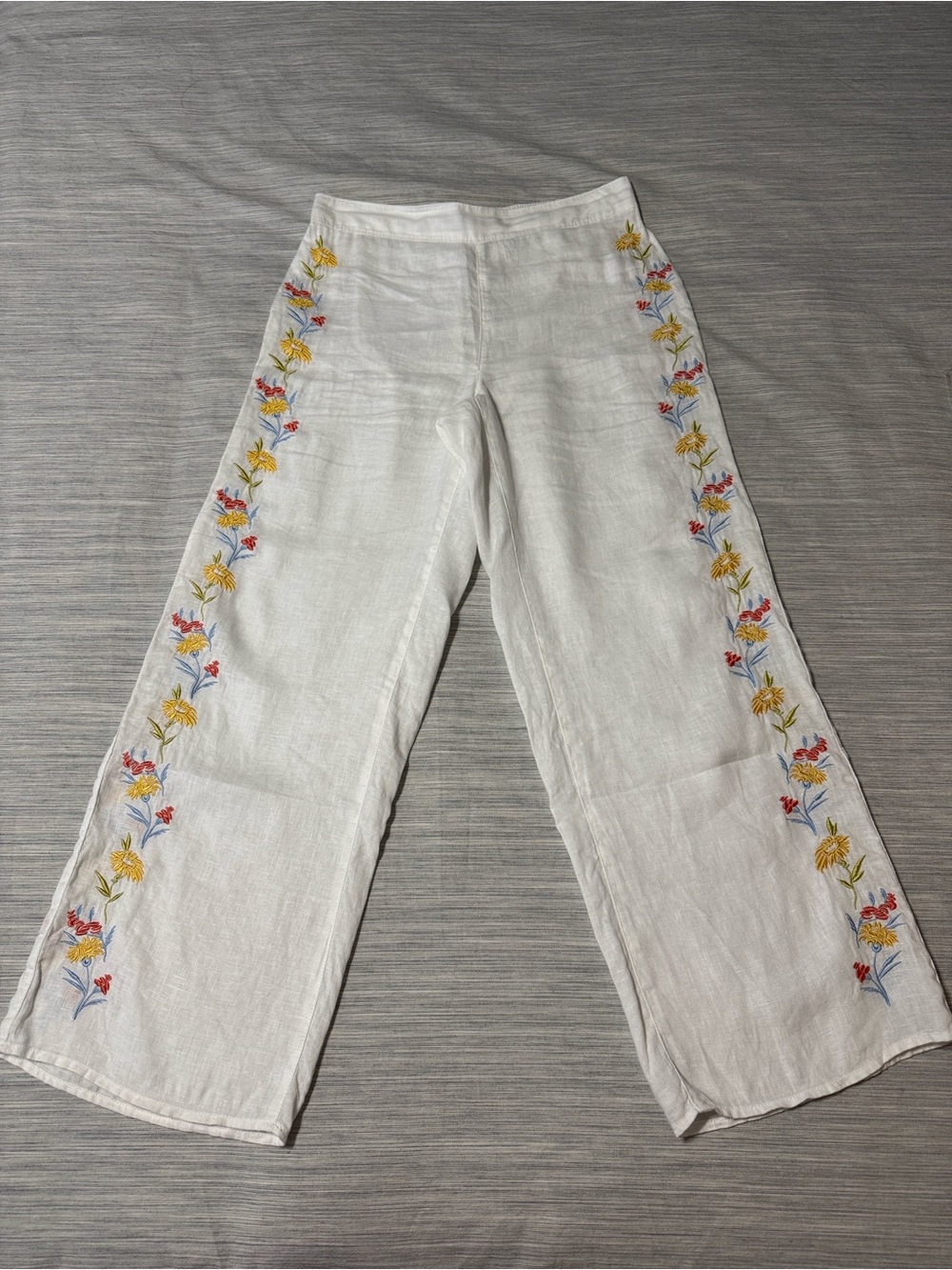 Calypso St Barth White 100% Linen Wide Leg Embroidered Pants Floral Boho Small